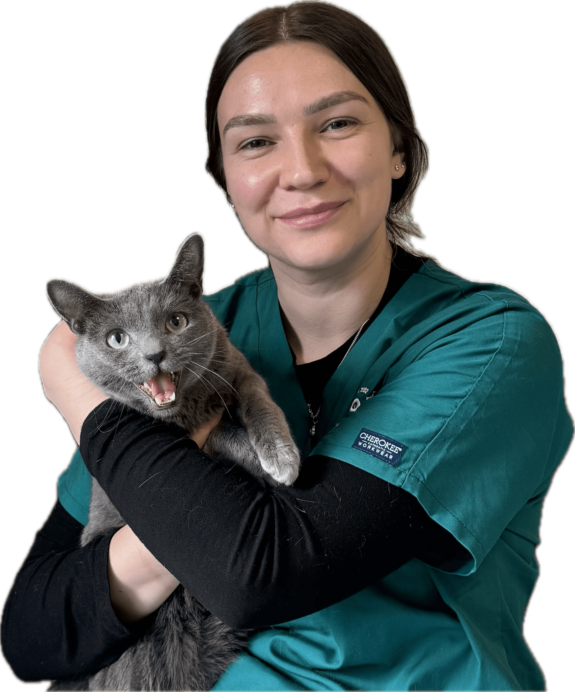 Paige, Registered Veterinary Nurse and Cat Groomer, holding a cat